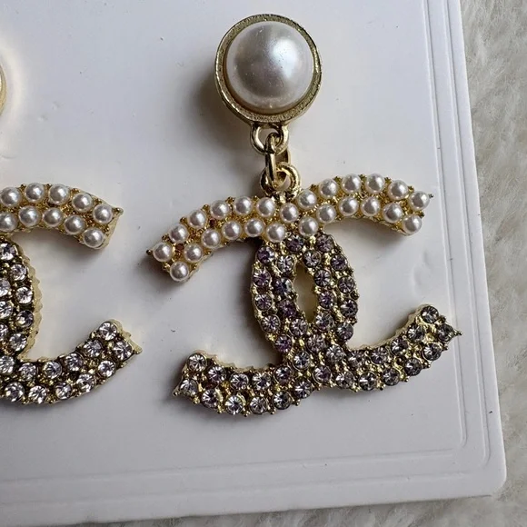 CHANEL Gold and Cream Pearl Logo Earrings - Picture 3 of 4